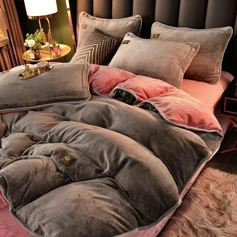 High-end Milk Velvet Autumn Winter Warm Duvet Cover Set with Bed Sheet Quilt Cover and Pillowcases Warmth Cozy Bedding Set Queen
