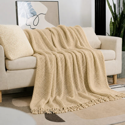 Beige Openwork Textured Knit Throw Blanket with Tassel Fringe, Soft Knitted Decorative Blanket, Lightweight Cozy Cover for Couch Sofa Bed, Boho Farmhouse Home Decor for Living Room Bedroom