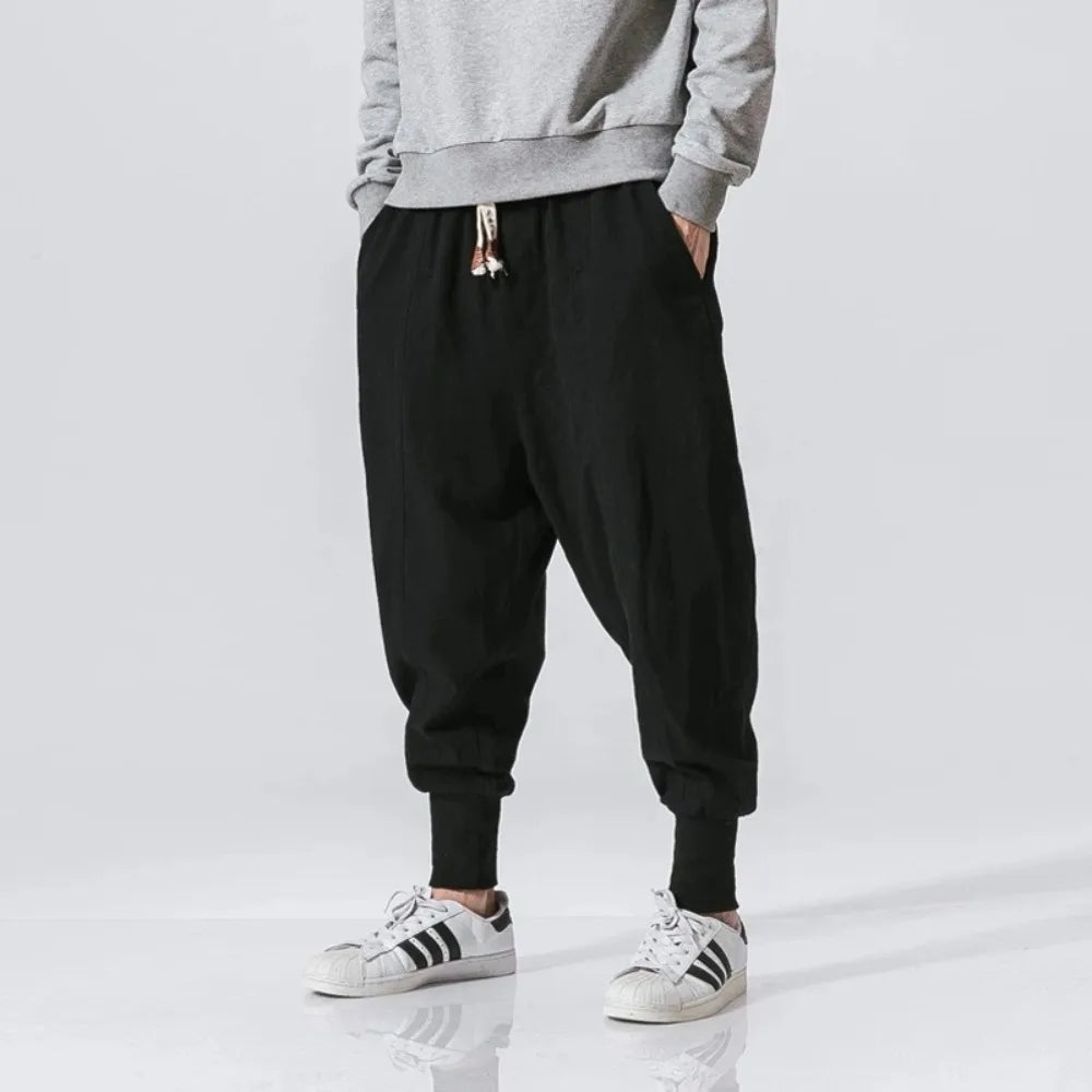 Men's Cotton Linen Harem Pants — Baggy Drop-Crotch Streetwear Joggers