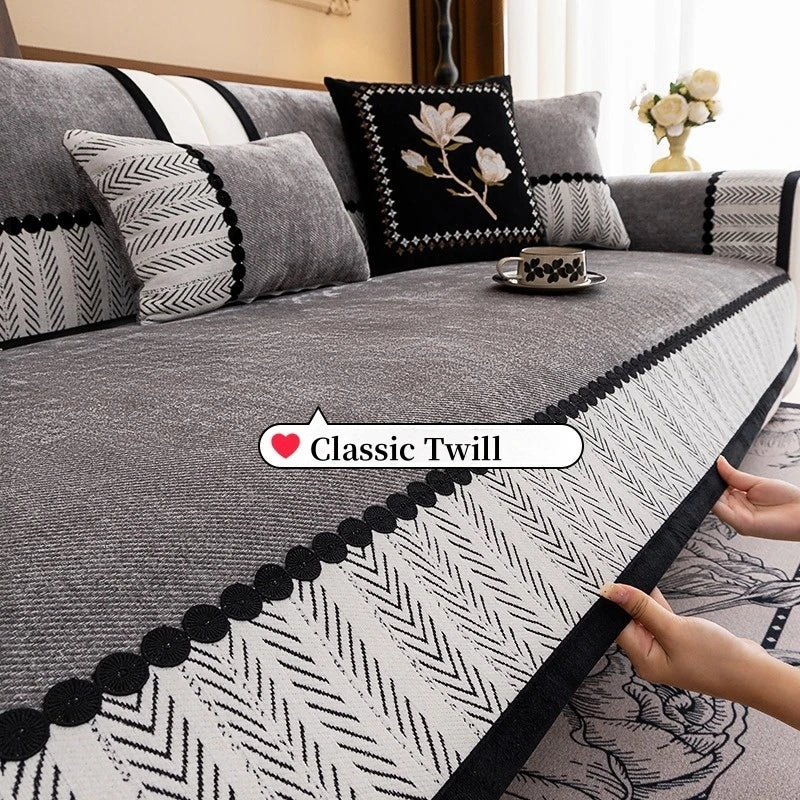Chenille Sofa Cover, Non-Slip, Contrast Hem