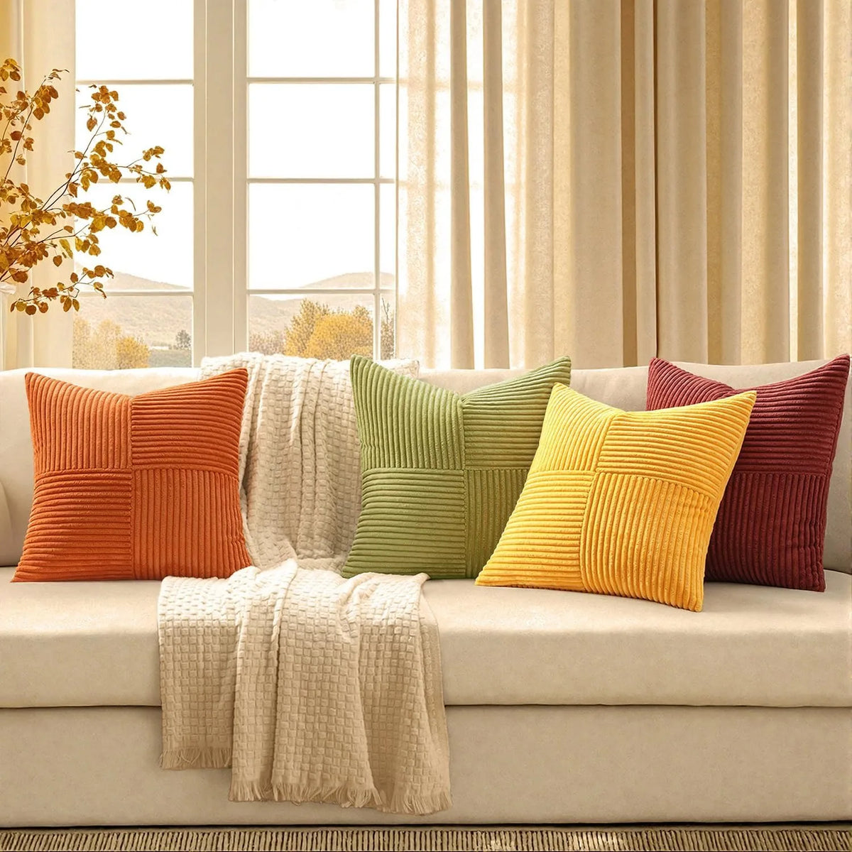 Solid-Color Corduroy Cushion Cover with Hidden Zipper