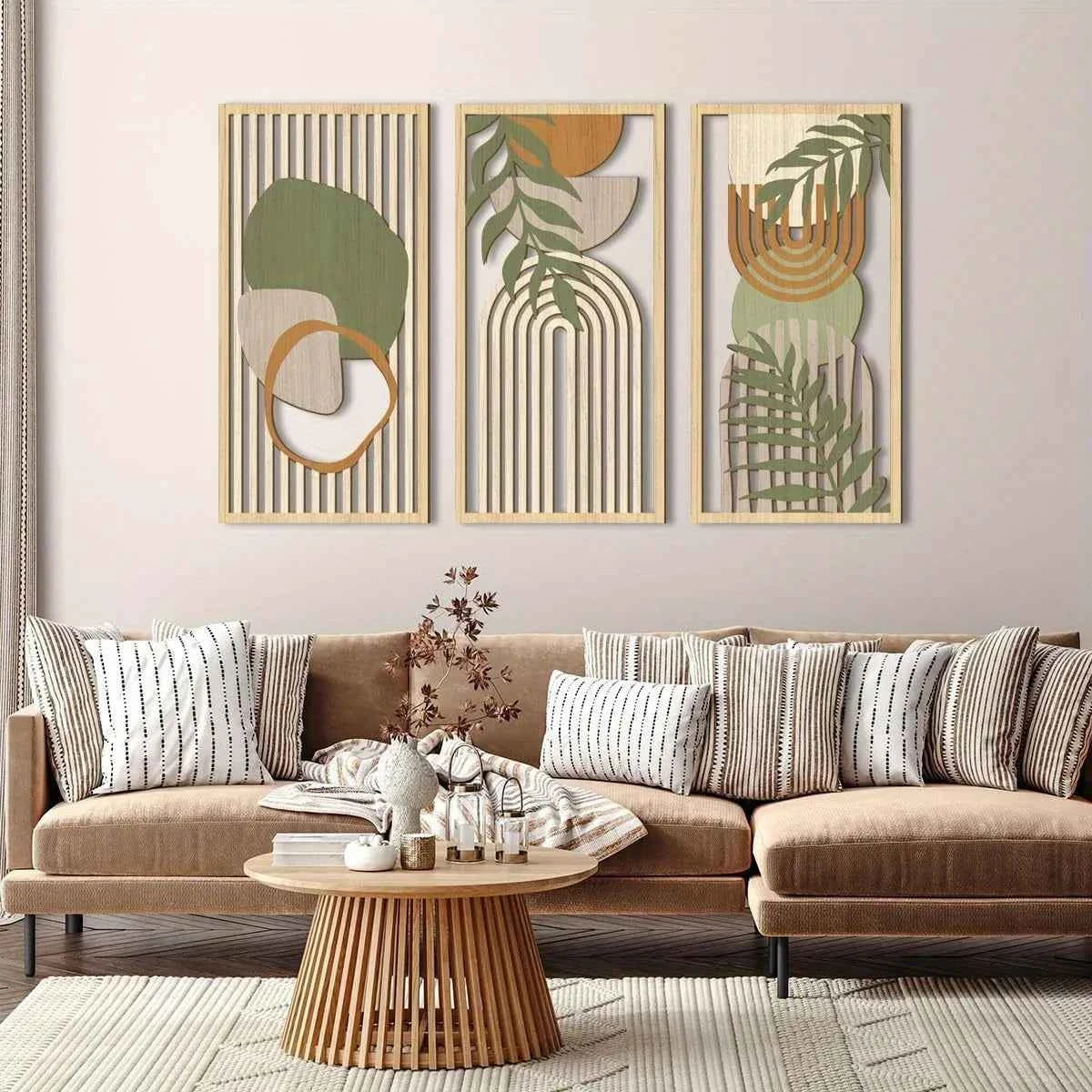 3PCS Sage Green Abstract Wooden Wall Art, Geometric Wood Wall Sculptures, Modern Artwork Neutral Wall Decor