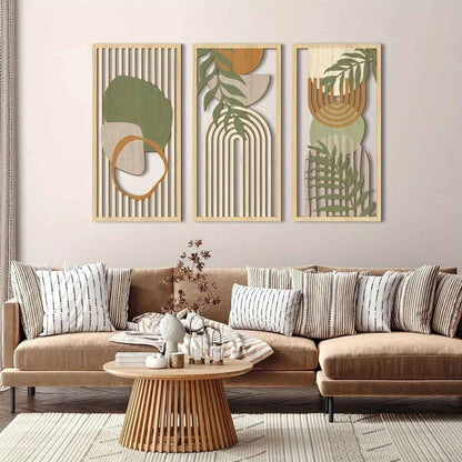 3PCS Sage Green Abstract Wooden Wall Art, Geometric Wood Wall Sculptures, Modern Artwork Neutral Wall Decor