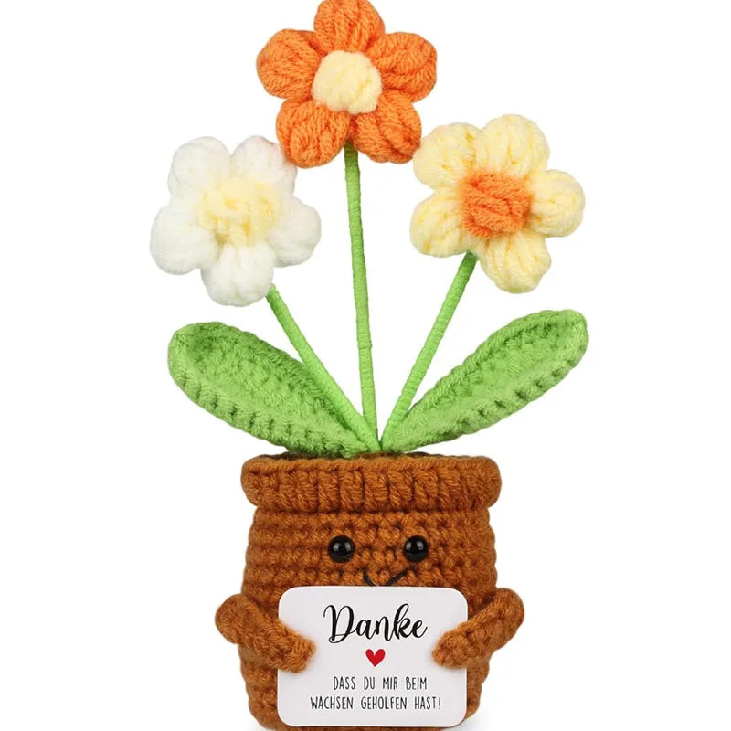 Crochet Flower Artificial Tulip Potted Finished Hand Woven Plants Knitted Sunflower Wedding Gift for Guests Home Decoration