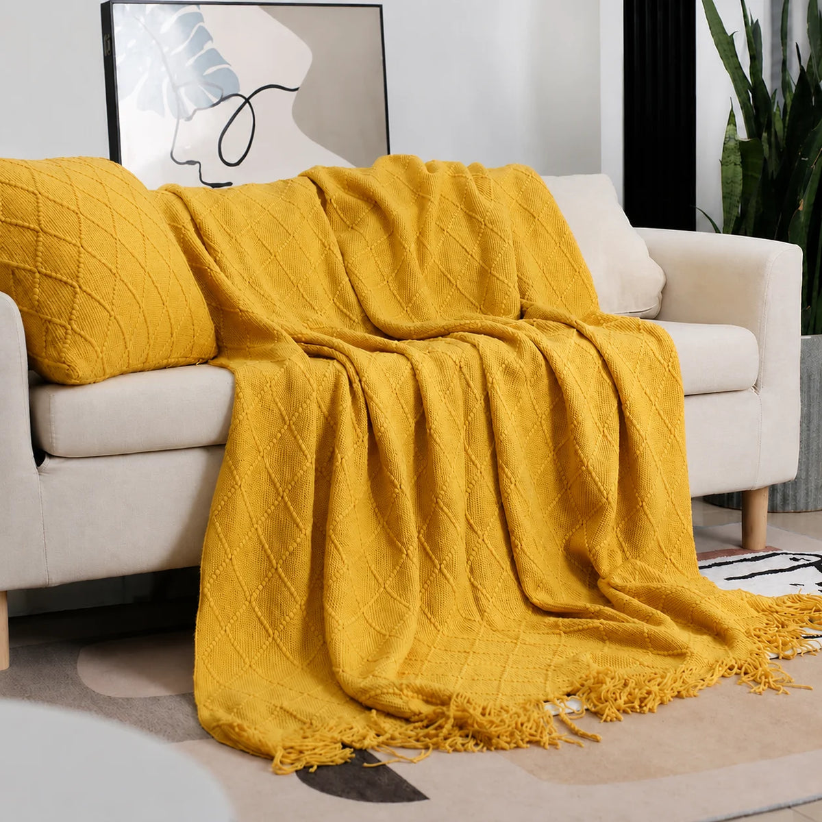 Beige Openwork Textured Knit Throw Blanket with Tassel Fringe, Soft Knitted Decorative Blanket, Lightweight Cozy Cover for Couch Sofa Bed, Boho Farmhouse Home Decor for Living Room Bedroom