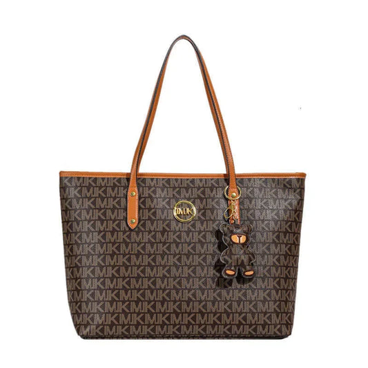 Letter-Print Tote with Cartoon Bear Charm