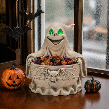 Halloween Ghost Candy Bowl with LED Glowing Green Eyes, Gothic Bat Resin Storage Dish, Spooky Tabletop Decor for Party Treats & Keys