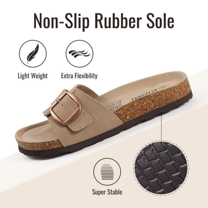 Crestar Women's Genuine Suede Cork Footbed Sandals – Adjustable Buckle Flat Slippers