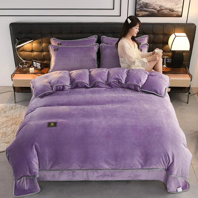 High-end Milk Velvet Autumn Winter Warm Duvet Cover Set with Bed Sheet Quilt Cover and Pillowcases Warmth Cozy Bedding Set Queen