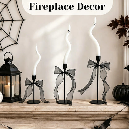 3-6Pcs Twisting Ghost Candles with Candle Holders Ribbons Candlestick Holders Halloween centerpieces Party Table Fireplace Decor