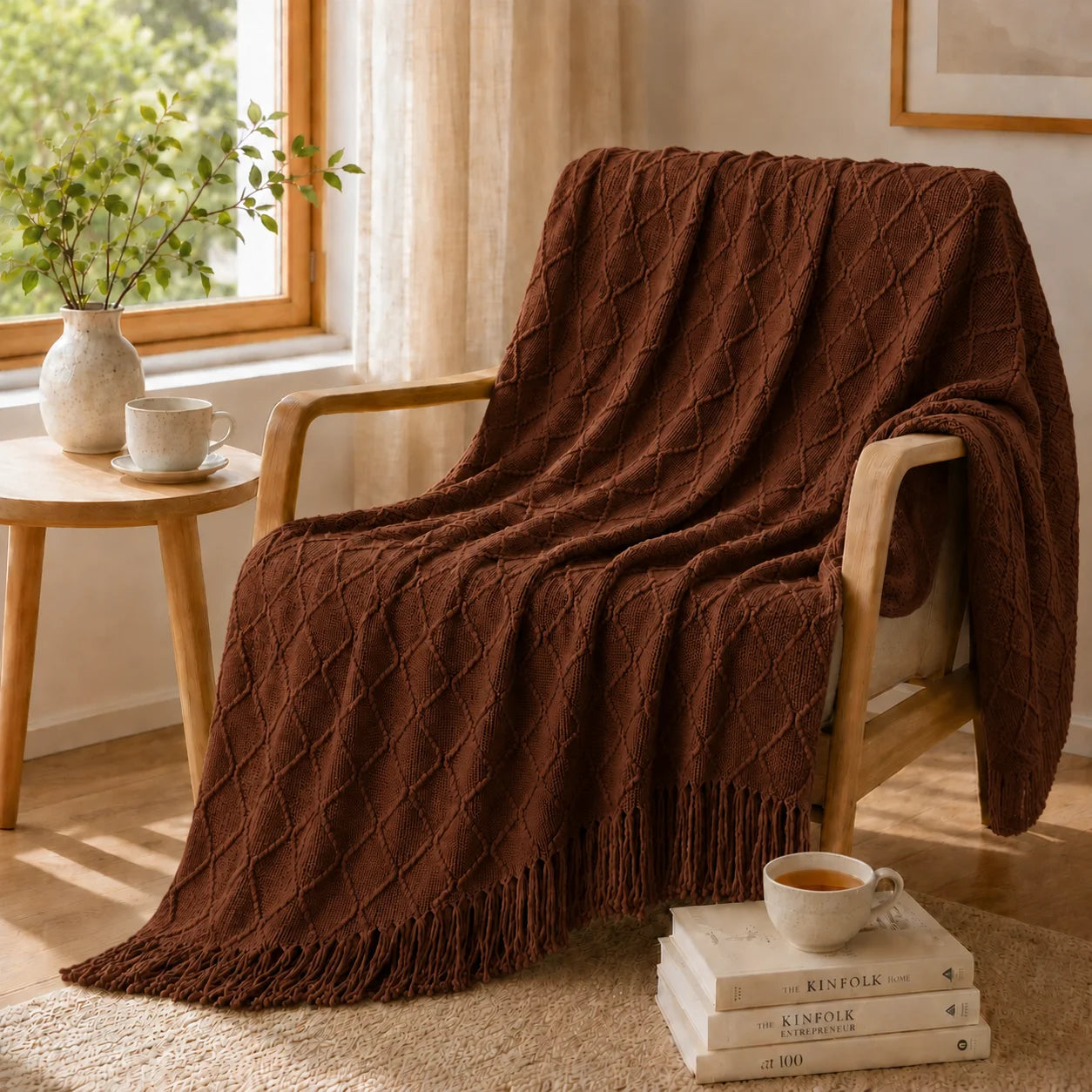 Sage Green Mixed Bobble Diamond Textured Knit Throw Blanket with Tassel Fringe, Soft Knitted Decorative Blanket, Lightweight Cozy Cover for Couch Sofa Bed, Boho Farmhouse Home Decor for Living Room Bedroom
