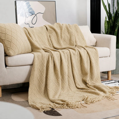 Beige Openwork Textured Knit Throw Blanket with Tassel Fringe, Soft Knitted Decorative Blanket, Lightweight Cozy Cover for Couch Sofa Bed, Boho Farmhouse Home Decor for Living Room Bedroom