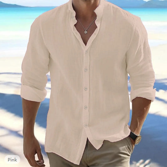 Chemise de plage en coton et lin à col montant pour homme — Haut d'été à manches longues grande taille