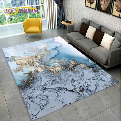 Nordic Blue Golden Colour Marble Geometric Area Rug,Carpet Rug for Living Room Bedroom Sofa Doormat Decor,Kid Non-slip Floor Mat