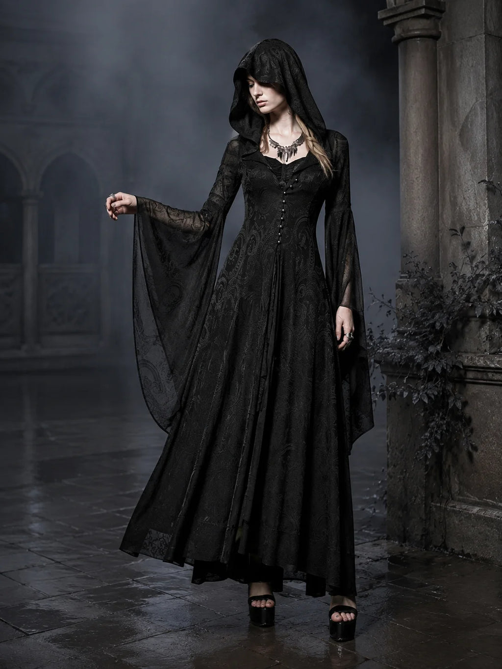 Women Gothic Witch Hooded Maxi Dress Bell Long Sleeve Jacquard Mesh V‑Neck Button Front Floor‑Length Gown Halloween Cosplay Costume for Party Carnival