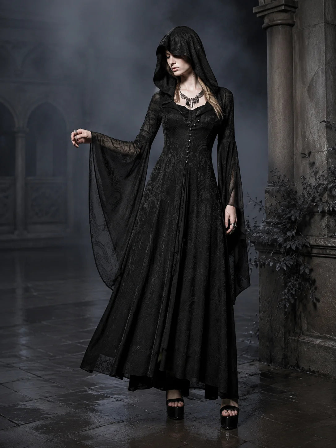 Women Gothic Witch Hooded Maxi Dress Bell Long Sleeve Jacquard Mesh V‑Neck Button Front Floor‑Length Gown Halloween Cosplay Costume for Party Carnival