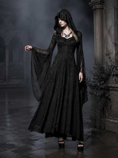 Women Gothic Witch Hooded Maxi Dress Bell Long Sleeve Jacquard Mesh V‑Neck Button Front Floor‑Length Gown Halloween Cosplay Costume for Party Carnival
