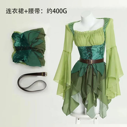 Women's Elf Medieval Green Fairy Dress Magical Elf Dress and Belt with Wings Halloween Carnival Party Cosplay Costumes