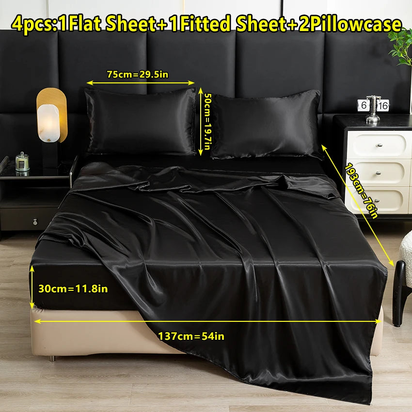 4-Piece Solid Color Satin Bed Sheet Set – Luxurious Soft Skin-Friendly Bedding (Flat Sheet, Fitted Sheet & 2 Pillowcases)
