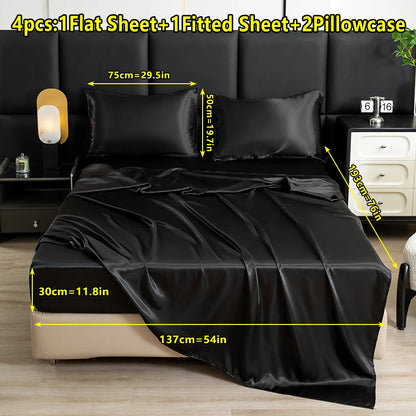 4-Piece Solid Color Satin Bed Sheet Set – Luxurious Soft Skin-Friendly Bedding (Flat Sheet, Fitted Sheet & 2 Pillowcases)