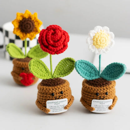 Crochet Flower Funny Positive Emotional SupportPotted Plant for Cheer Up Gifts Sunflower Flowers for Home Room Desk Decoration