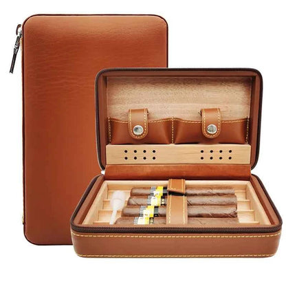 4pcs Humidor Cigar Box Travel Cigar Case orginizer without cutter lighter Leather Cedar Wood Cutter smoking accessories storage