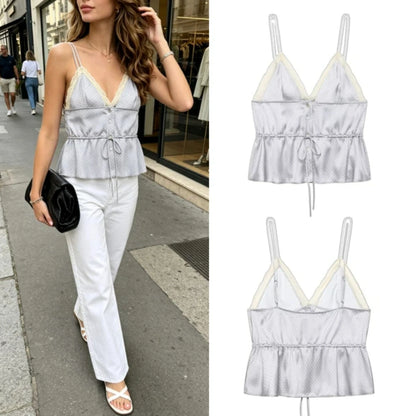 Women's Polka Dot Satin Peplum Cami Top – Lace Trim Spaghetti Strap Elegant Loungewear & Vacation Top
