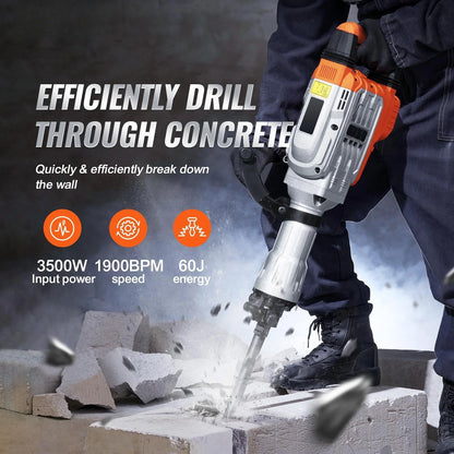 Demolition Jack Hammer 1500W/2200W/3500W Concrete Breaker Heavy Duty Electric Jack Hammer 2/4pcs Chisel