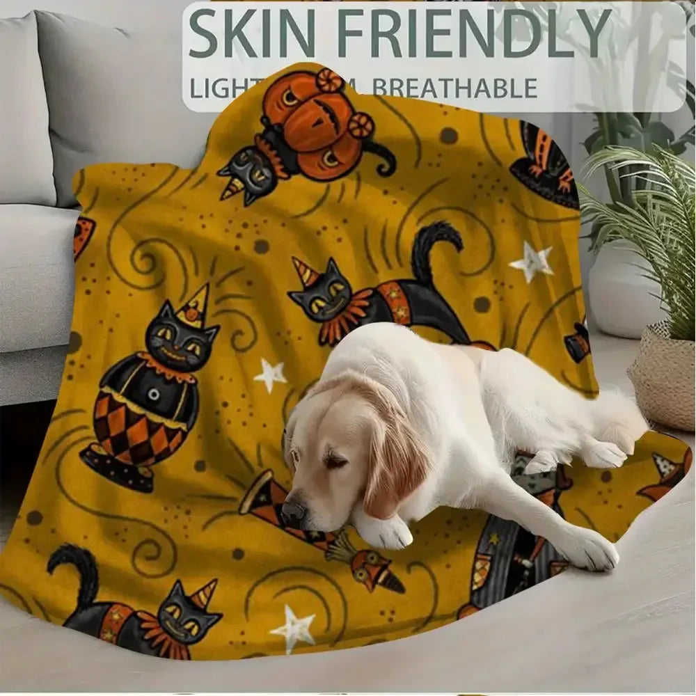 1pc Bethany Heavyweight 280GSM Flannel Halloween Blanket - Vintage Cat, Pumpkin, & Bat Patterns with Mustard-Yellow & Black Spooky Design - Large 60x60 Inches All-Season Cozy Throw for Sofa, Bed, Party Decor - Ideal Gift, Dir