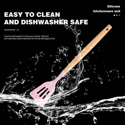 14-Piece Pink Silicone Kitchen Utensils Set with Wooden Handle, Cutting Board and Holder Rack