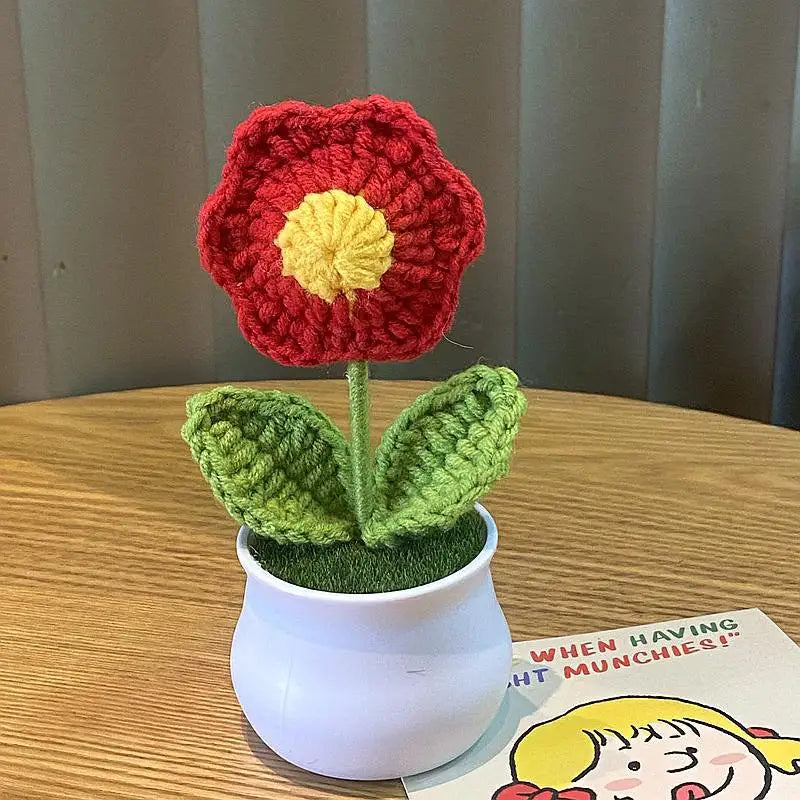 DIY Handwoven Mini Potted Flower Rose Office Desktop Ornamental Potted Plants Woolen Thread Finished Product Home Decoration