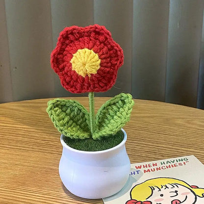 DIY Handwoven Mini Potted Flower Rose Office Desktop Ornamental Potted Plants Woolen Thread Finished Product Home Decoration