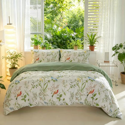 Floral & Bird Print Duvet Cover Set, 3-Piece, Breathable