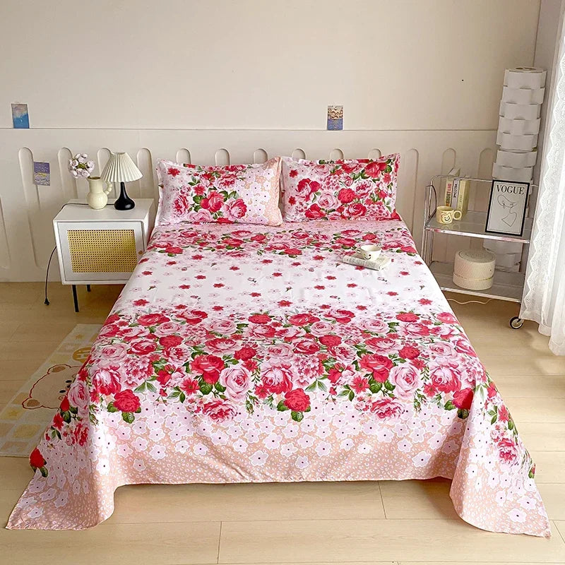 Red Floral Printed Flat Bed Sheet | Single-King