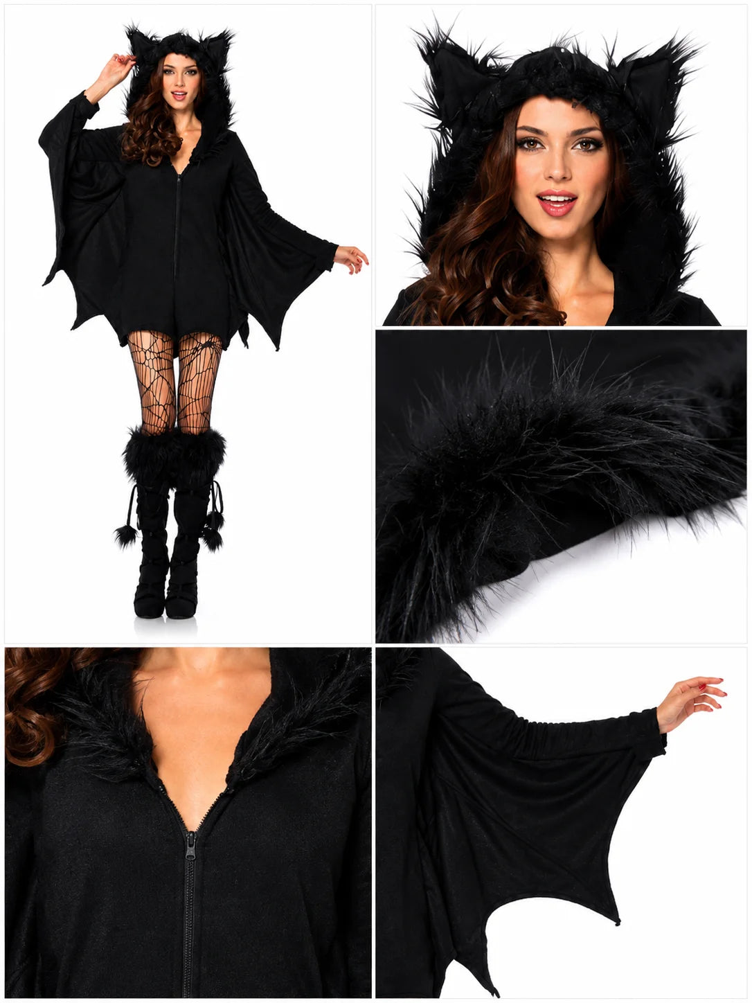 Women Cozy Bat Halloween Costume, Furry Cat Ear Hooded Zip‑Up Dress with Bat Wings, Vampire Animal Cosplay Outfit for Carnival Party