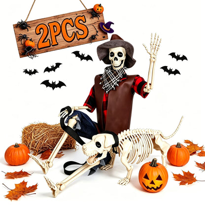 36" Halloween Skeleton Decorations, Posable Skeleton & Dog Outdoor Decor Creepy Halloween Western Cowboy Themed Set, Plastic Skeleton Featuring Movable Joints, Indoor Outdoor Yard & Party Decor
