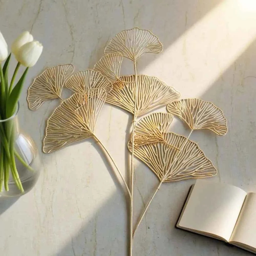 60CM 5PCS 3 Pronged Fan Leaf Netting Artificial Gold Ginkgo Eucalyptus Holly Wedding Arch Flower Arrangement Home Decor Crafts