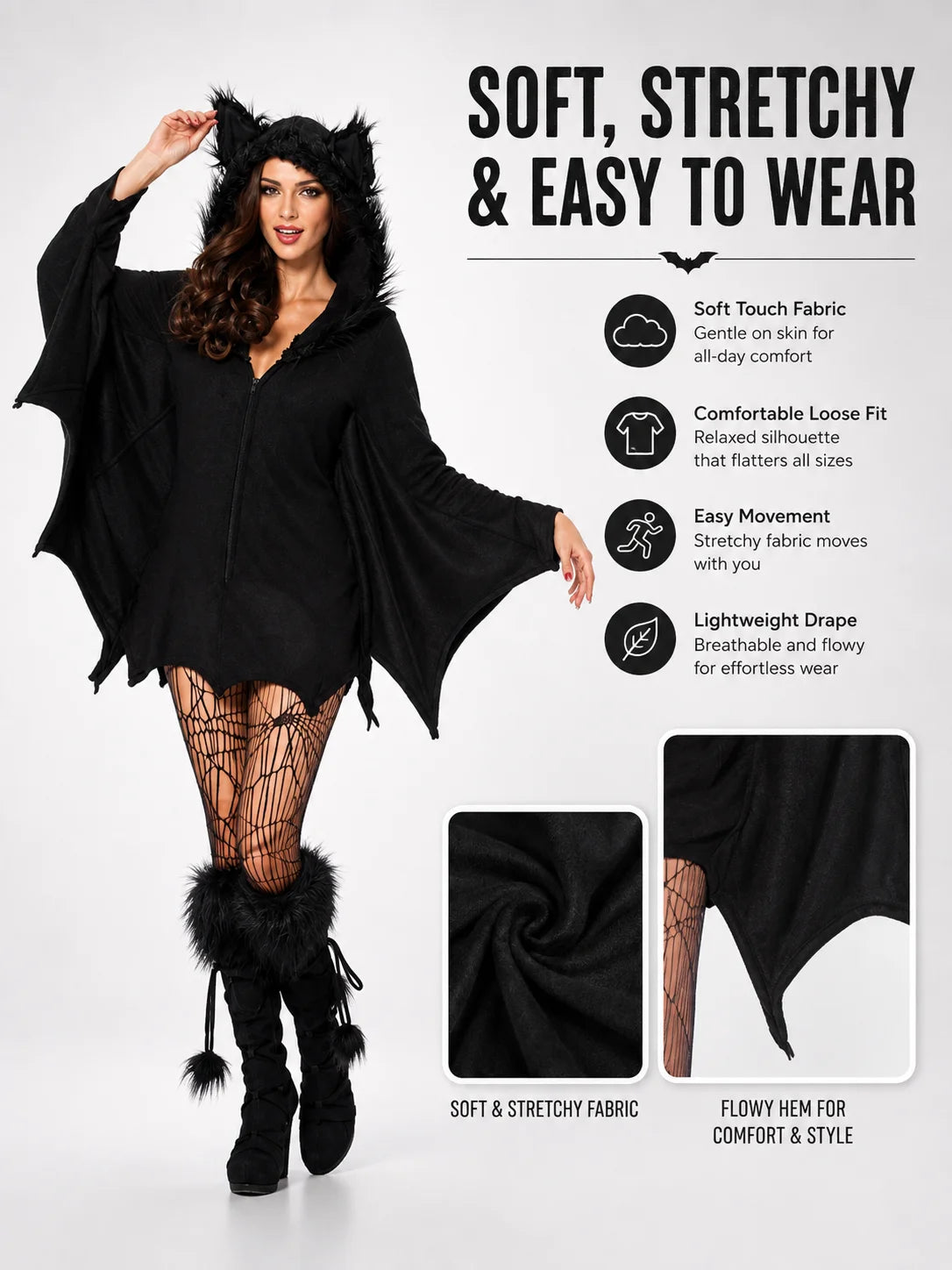 Women Cozy Bat Halloween Costume, Furry Cat Ear Hooded Zip‑Up Dress with Bat Wings, Vampire Animal Cosplay Outfit for Carnival Party