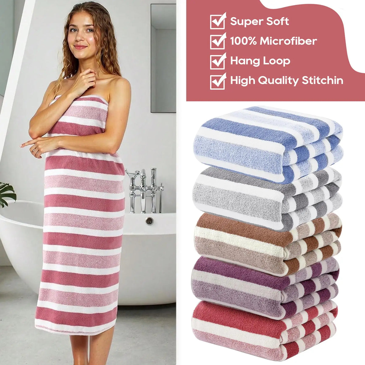 Oversized Striped Coral Fleece Bath Towel Ultra Soft Thickened Shower - Beach Towel