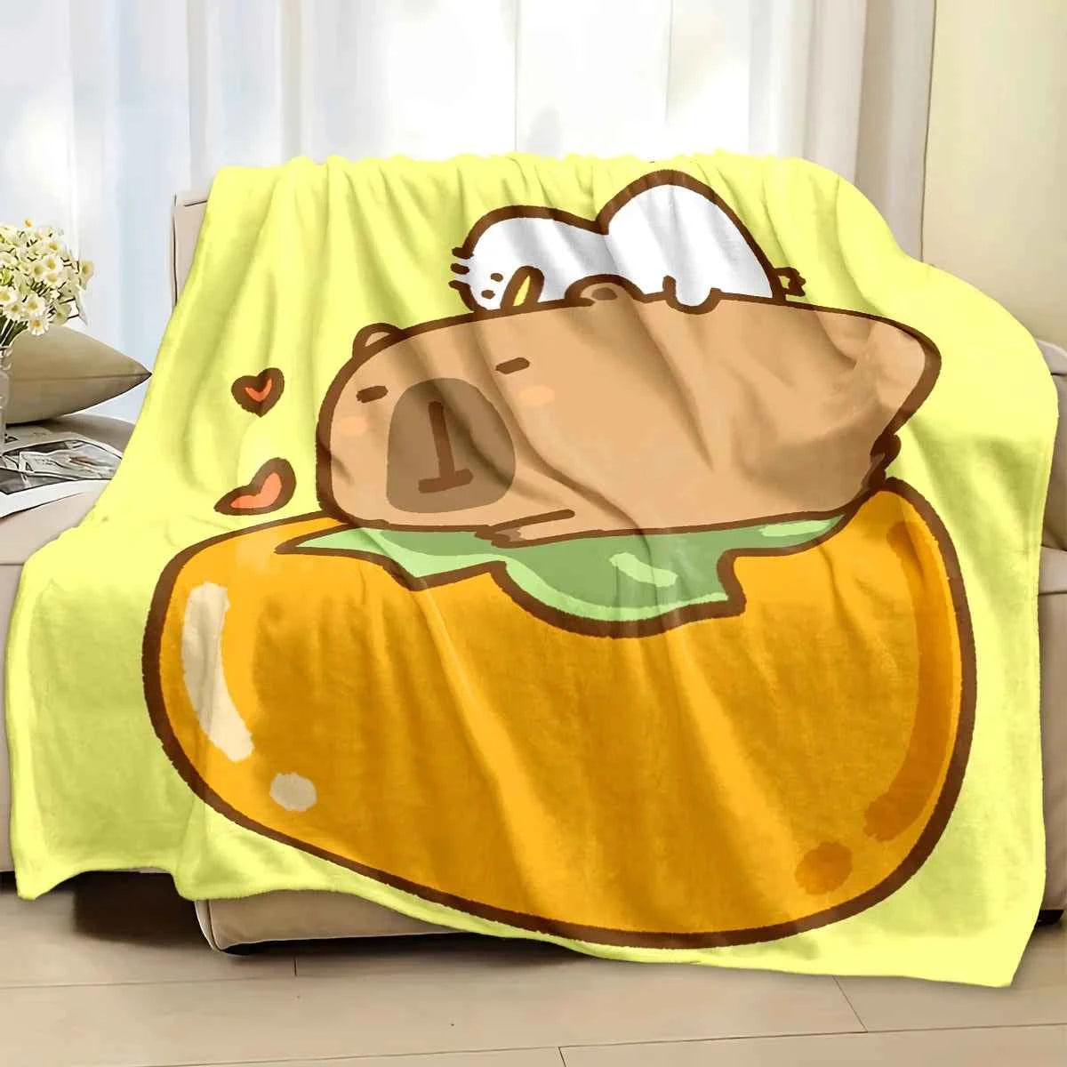 Cozy Capybara & Pumpkin Design Flannel Blanket - Ultra-Soft, All-Season Throw with 3D Digital Print, Perfect for Office, Camping