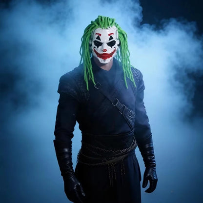 Cyberpunk Clown Mask with Green Hair Halloween Party Masquerade Costume Prop Scary Cosplay Accessories for Adults