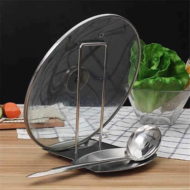 Stainless Steel Pan Pot Cover Stand Silver Color Soup Spoon Holder Drain Rack Stove Organizer Storage Kitchen Accessories