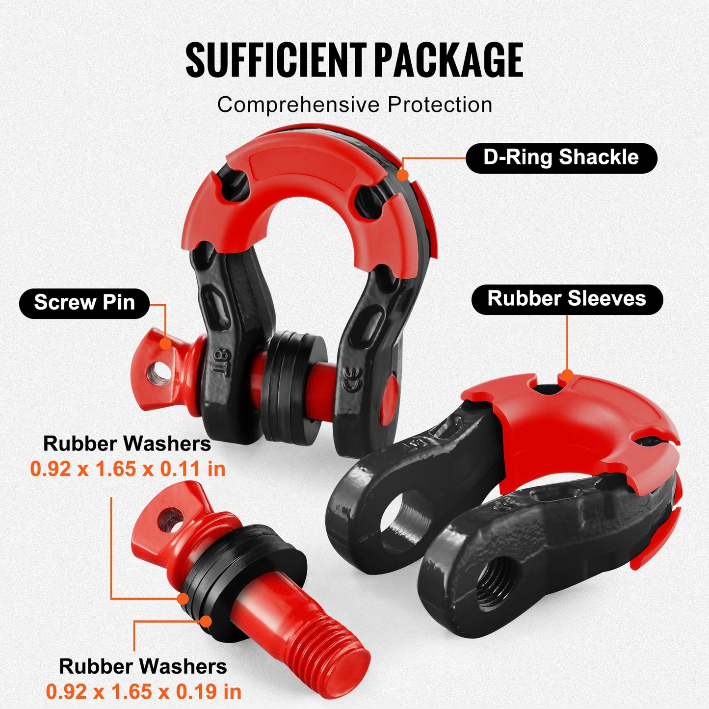 2pcs 3/4" D-Ring Shackle U-Hook Loop Shackles with 7/8" Pin Isolators & Washers for Jeep Off Road Vehicle Recovery