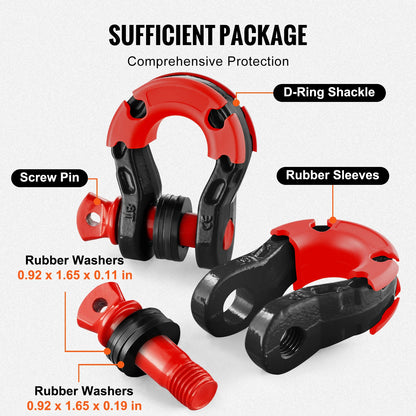 2pcs 3/4" D-Ring Shackle U-Hook Loop Shackles with 7/8" Pin Isolators & Washers for Jeep Off Road Vehicle Recovery