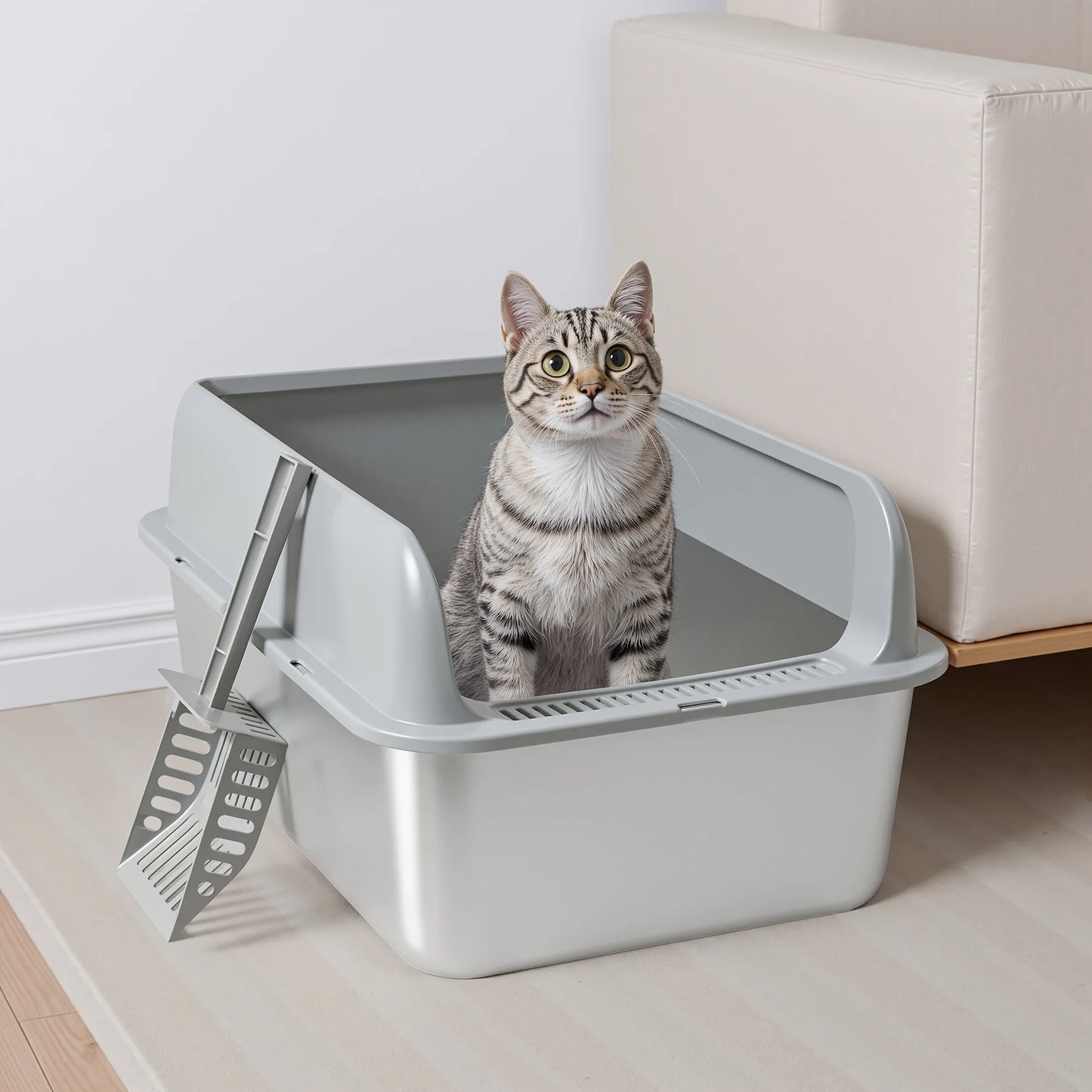 Stainless Steel Cat Litter Box with High Walls — Scoop & Metal Tray