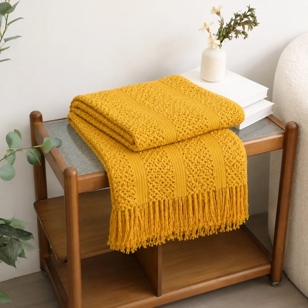 Cream Popcorn Bobble Textured Knit Throw Blanket with Tassel Fringe, Soft Knitted Decorative Blanket, Lightweight Cozy Cover for Couch Sofa Bed, Boho Farmhouse Home Decor for Living Room Bedroom