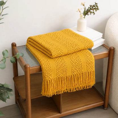 Cream Popcorn Bobble Textured Knit Throw Blanket with Tassel Fringe, Soft Knitted Decorative Blanket, Lightweight Cozy Cover for Couch Sofa Bed, Boho Farmhouse Home Decor for Living Room Bedroom