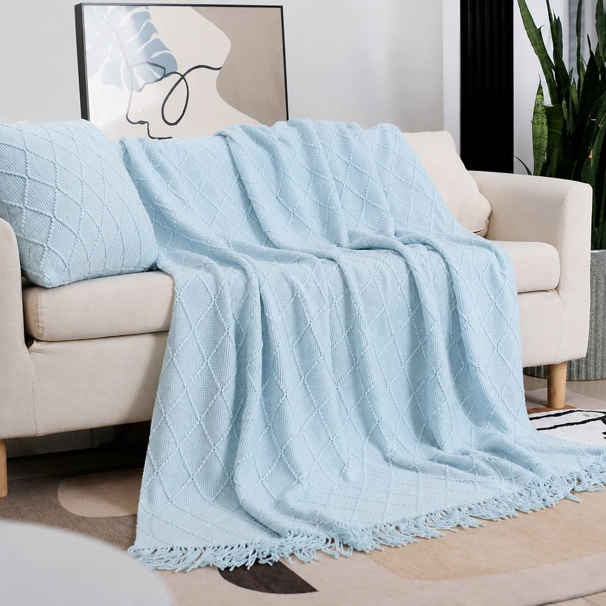 Beige Openwork Textured Knit Throw Blanket with Tassel Fringe, Soft Knitted Decorative Blanket, Lightweight Cozy Cover for Couch Sofa Bed, Boho Farmhouse Home Decor for Living Room Bedroom