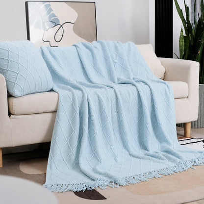 Beige Openwork Textured Knit Throw Blanket with Tassel Fringe, Soft Knitted Decorative Blanket, Lightweight Cozy Cover for Couch Sofa Bed, Boho Farmhouse Home Decor for Living Room Bedroom
