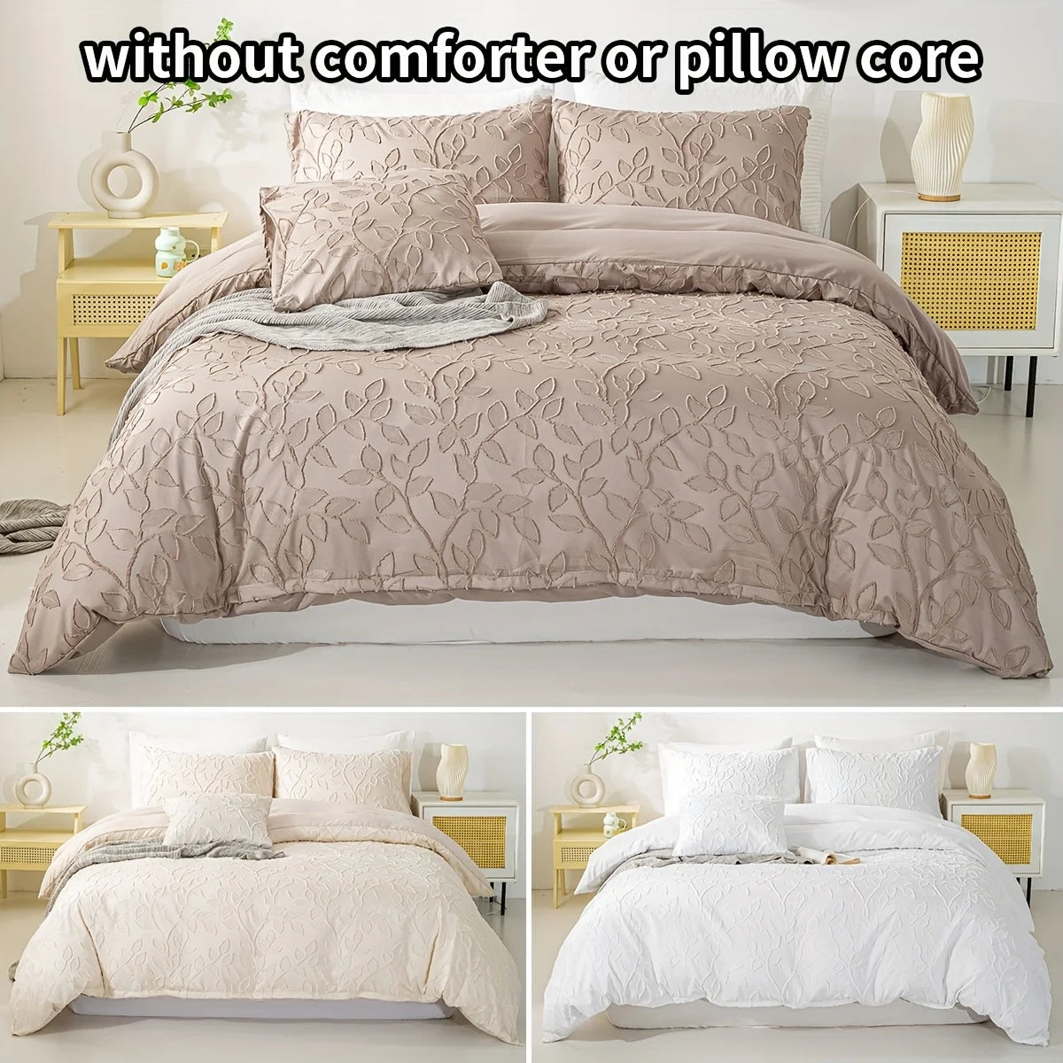 Tufted Leaf Duvet Cover Set, 3-Piece, Bohemian Cream